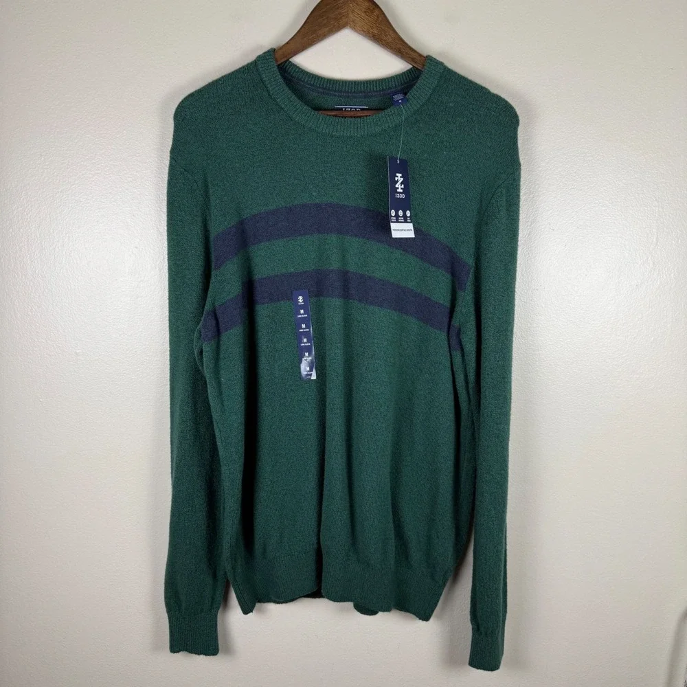 IZOD Mens M Sweater Green Striped Premium Essentials Crew Neck Preppy NEW